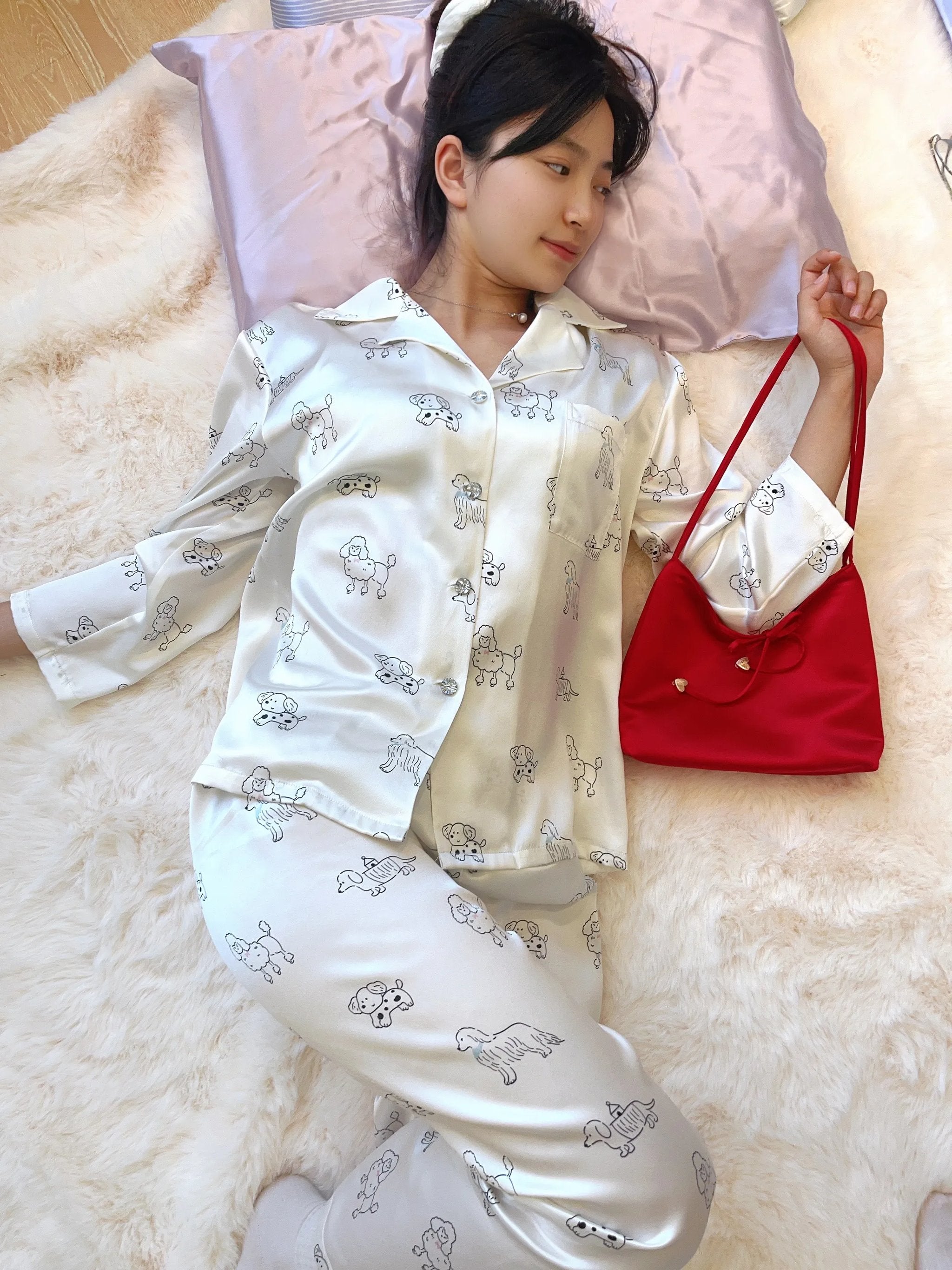 Mulberry Silk Pajamas | Playful Puppy Print