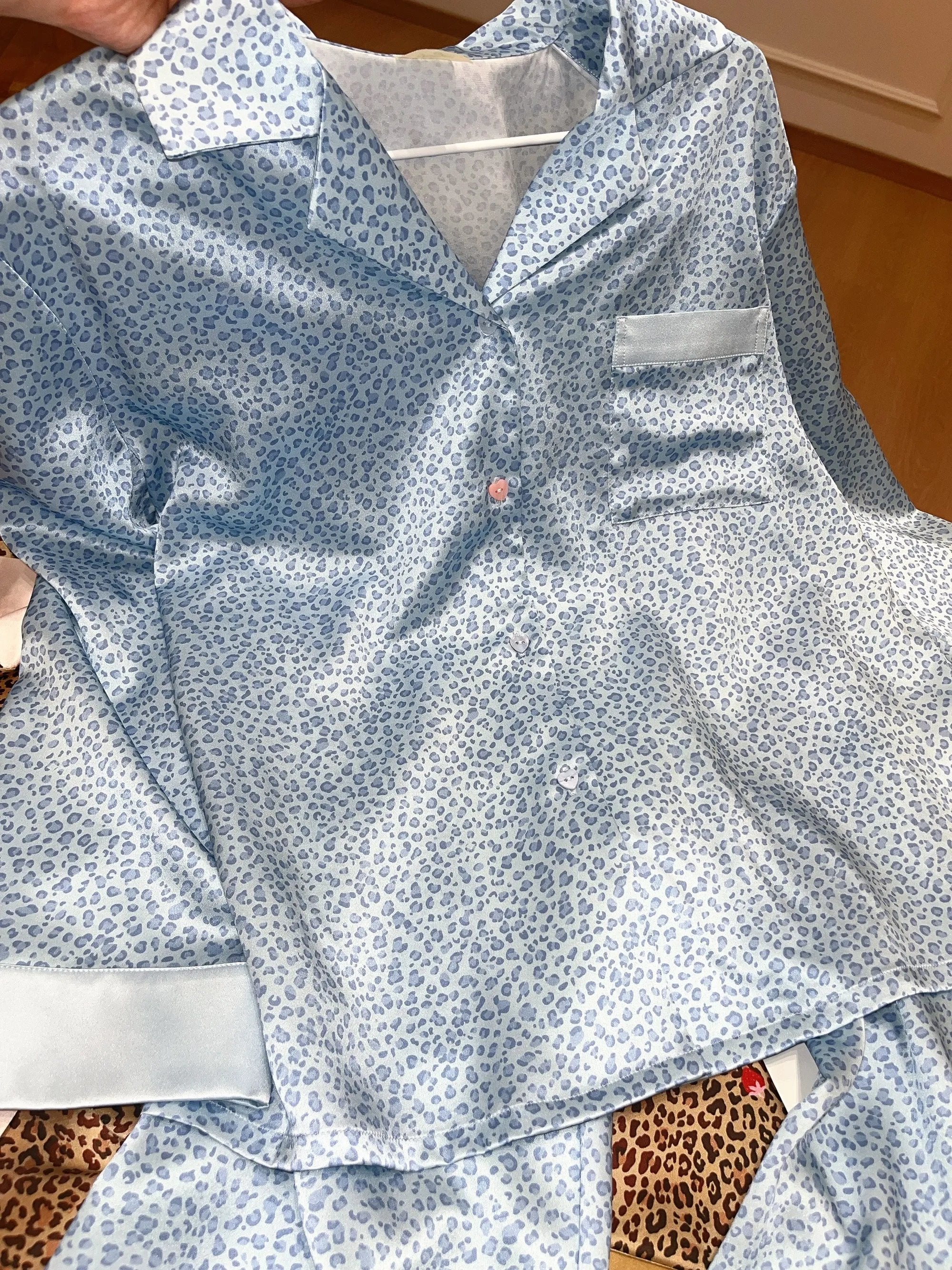 Blue Leopard Silk Lounge Set | S-L