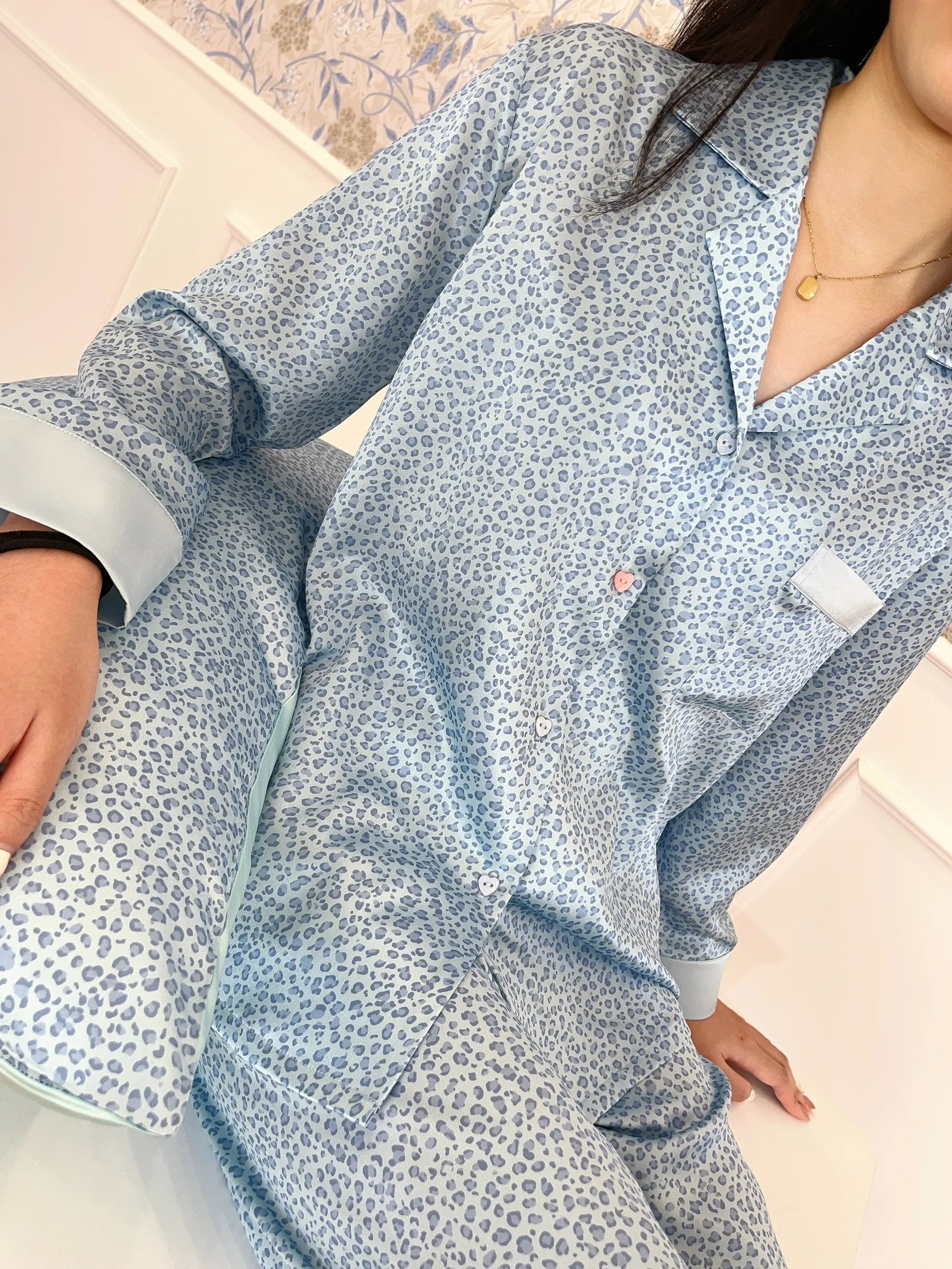 Blue Leopard Silk Lounge Set | S-L