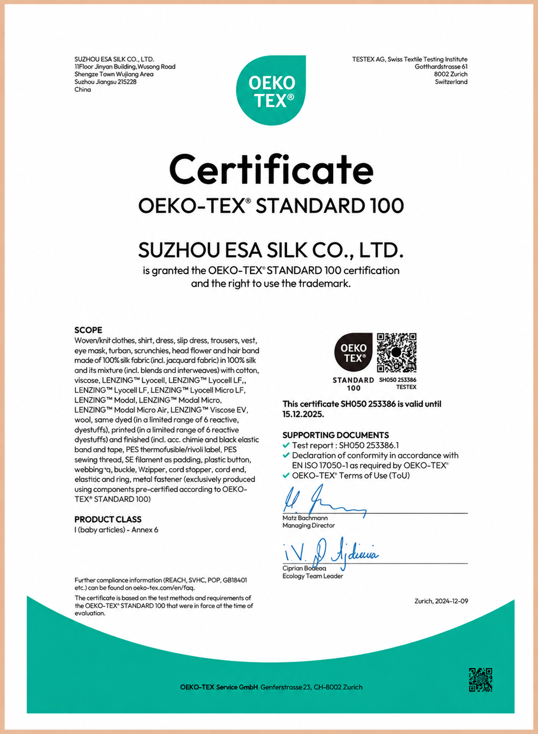OEKO-TEX® STANDARD 100 certificate